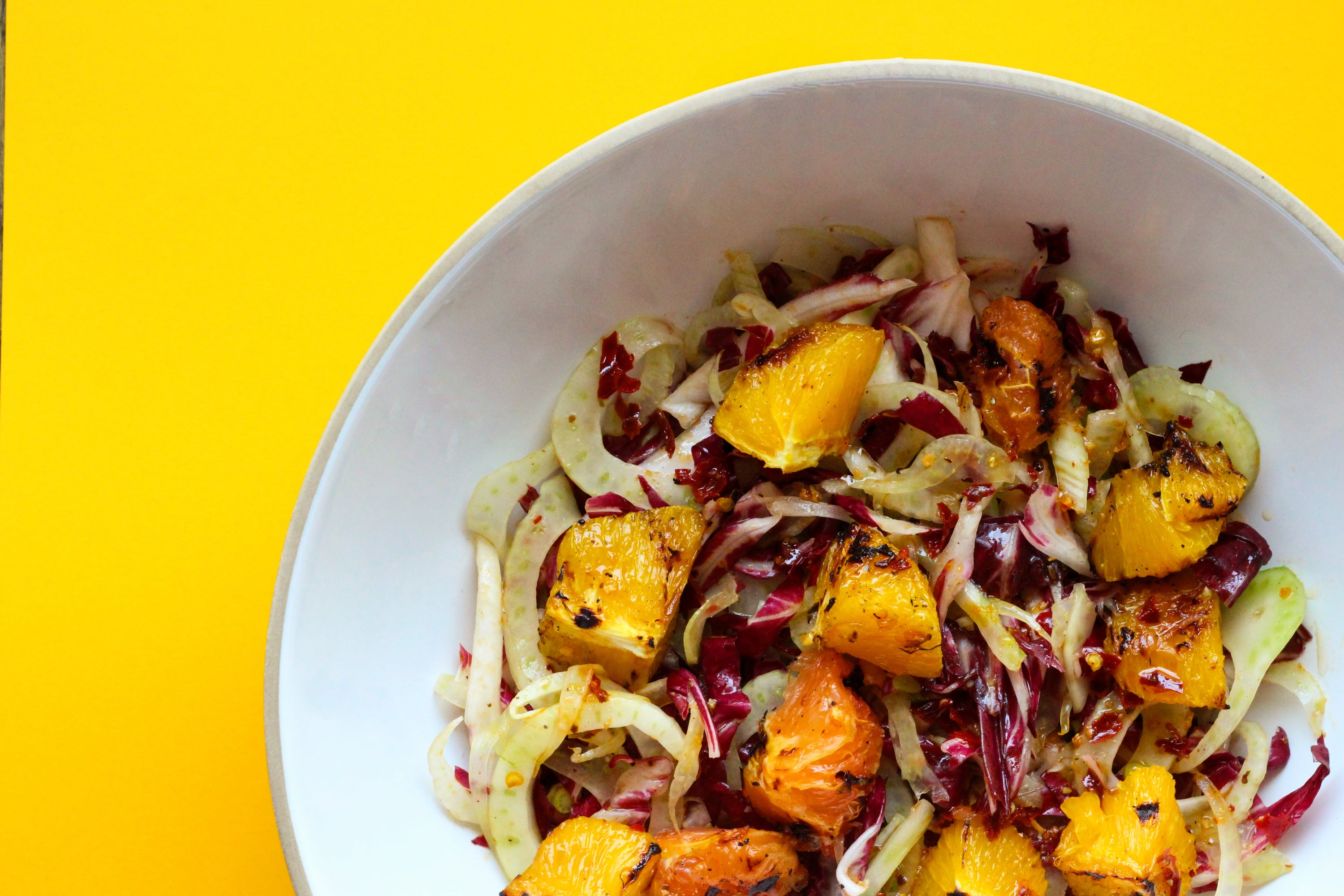 Charred Citrus with Fennel and Radicchio Salad and Chili Crisp Vinaigrette