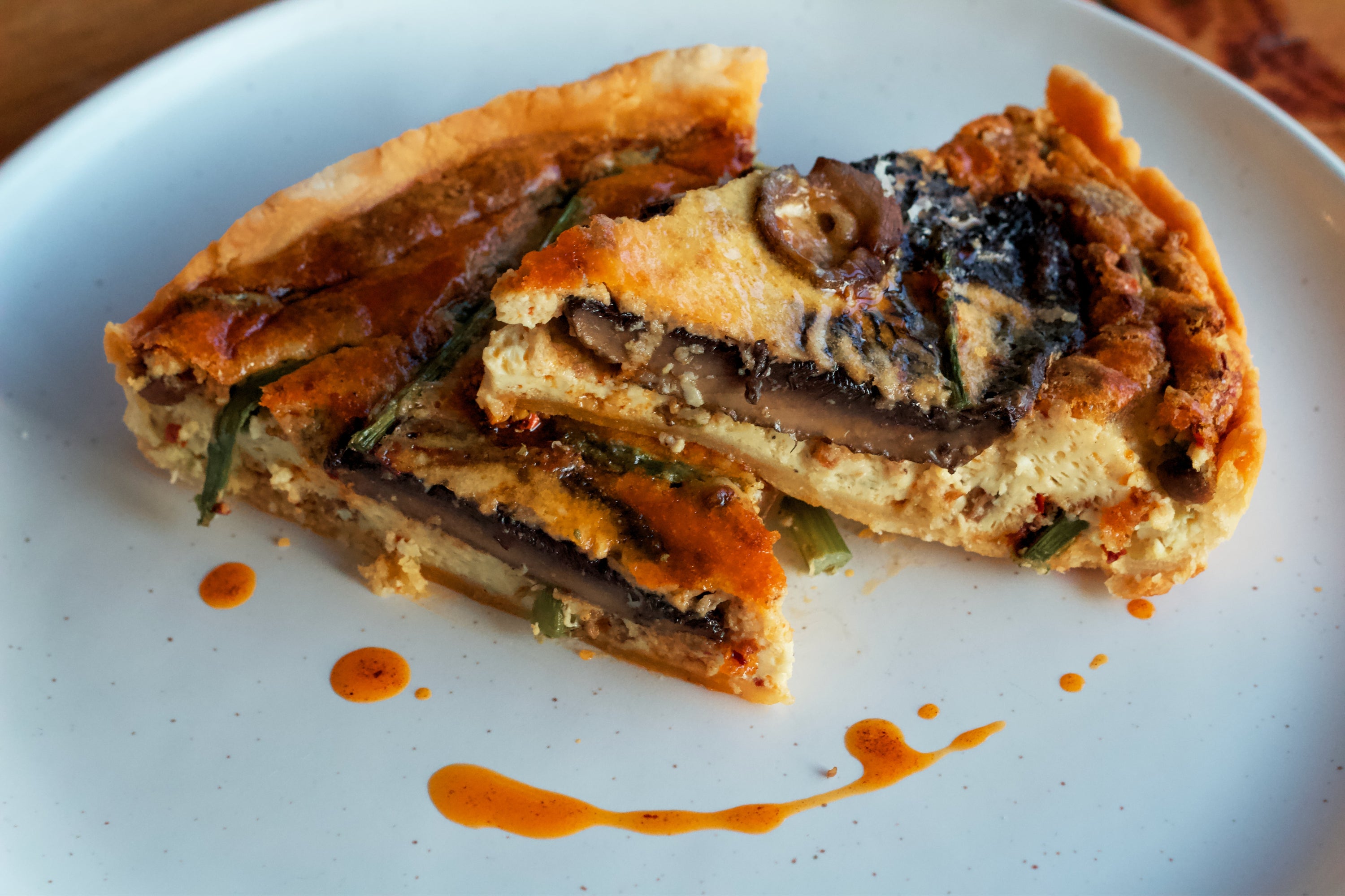 Asparagus and Portobello Mushroom and Chili Crisp Quiche