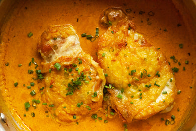 Crispy Boneless Chicken Thighs with Curry Mustard Pan Sauce