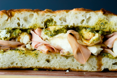 Mortadella Sandwich with Hot Honey and Smokey Peanut Cilantro Pesto