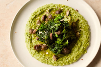 Charred Kale and Broccoli with Garlic and Herb Broad Bean Pesto