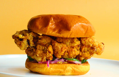 Garlic Fried Chicken Sandwich with Pickled Onions and Jalapenos