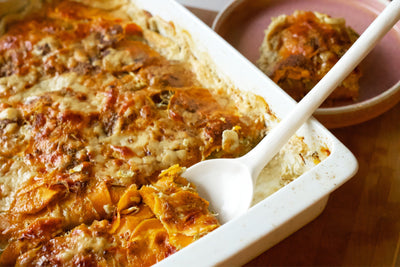 Smokey Sweet Potato and Brussel Sprout Gratin