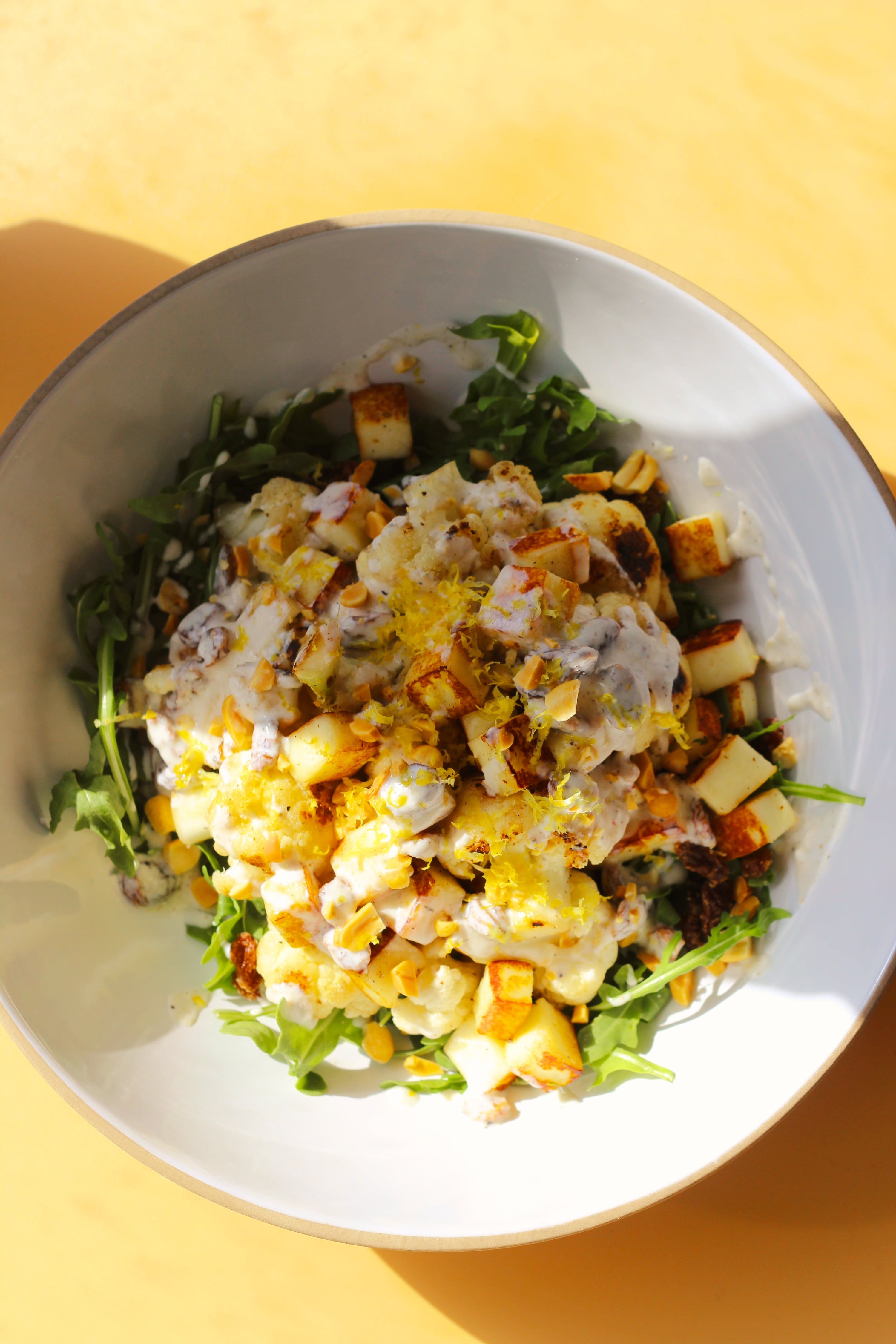 Charred Cauliflower, Avocado and Paneer Salad with Lemon Yogurt Dressing