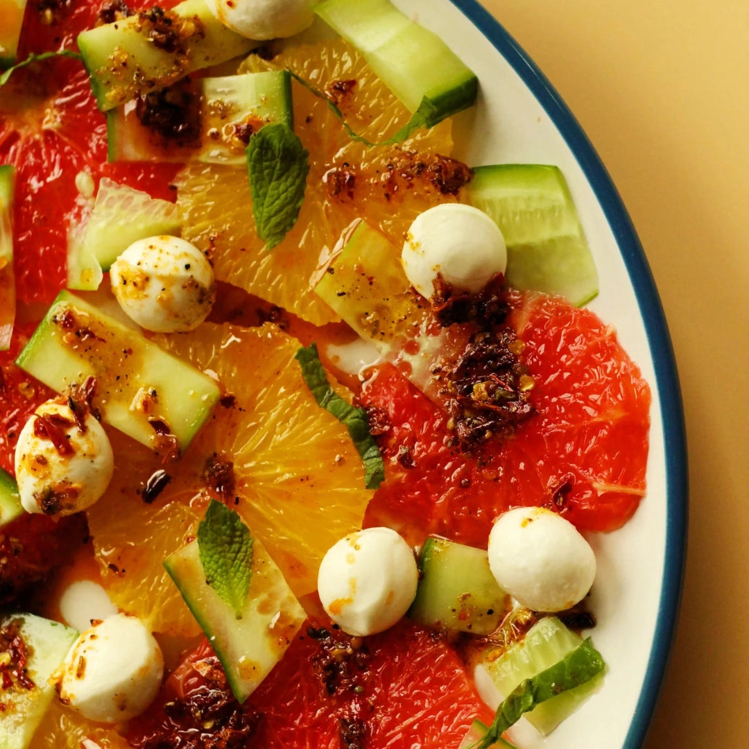 Citrus and cucumber salad with Hakka-ish Garlic Chili Crunch