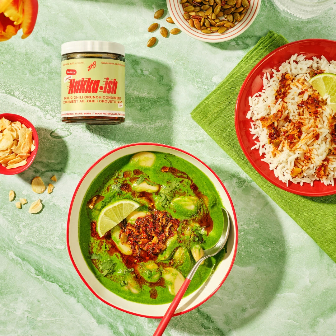 Hakka-ish Garlic Chili Crunch served with rice and green curry