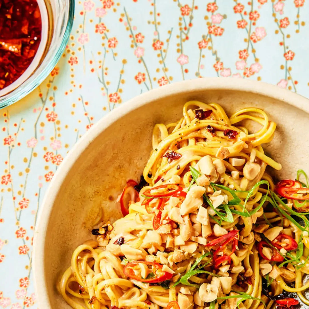 Noodles topped with Hakka-ish Chili Crisp