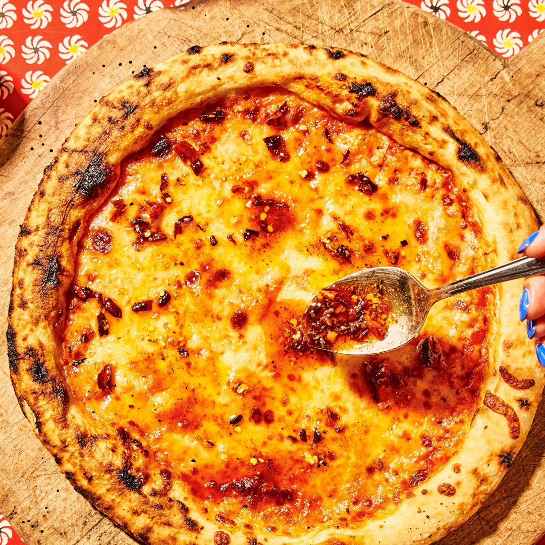 Pizza topped with Hakka-ish Chili Crisp